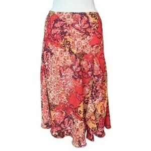 Vtg y2k medium orange boho ruffle front‎ skirt paisley floral festival bohemian
